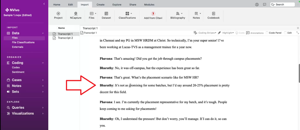 Open interview transcript in NVivo for Mac ready for familiarization and coding