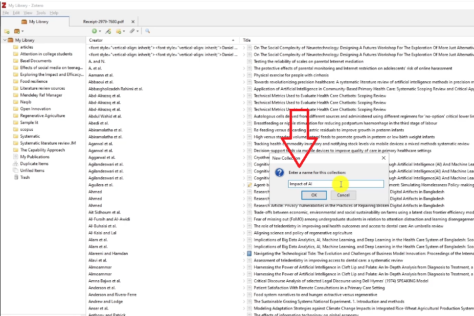 Figure 11: Creating a dedicated collection in Zotero to organise all articles for your systematic review
