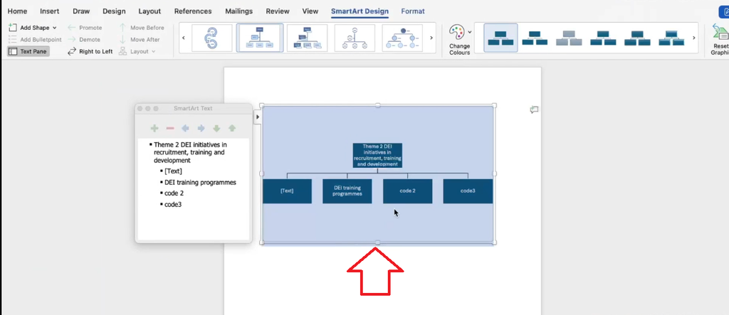 Screenshot of a finished SmartArt mind map showing themes and their nested codes, formatted for a dissertation findings chapter.