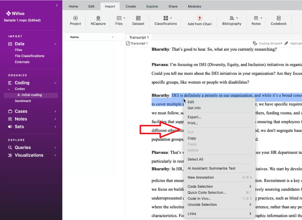 NVivo for Mac transcript with text highlighted ready for qualitative coding