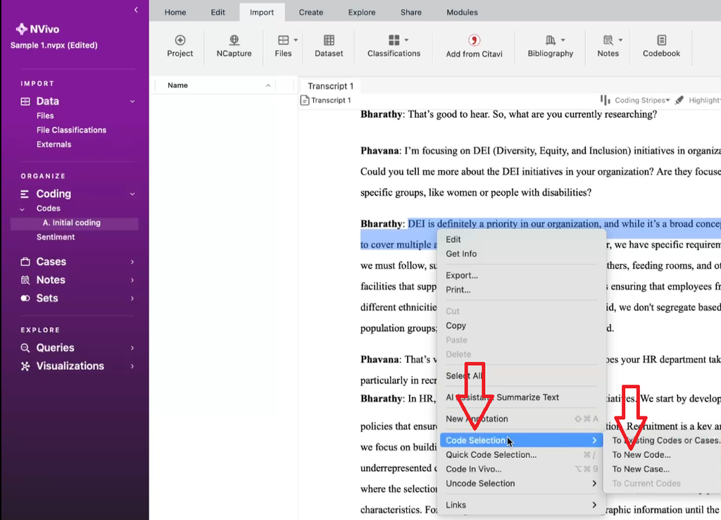 NVivo for Mac right-click menu showing Code Selection and New Code options