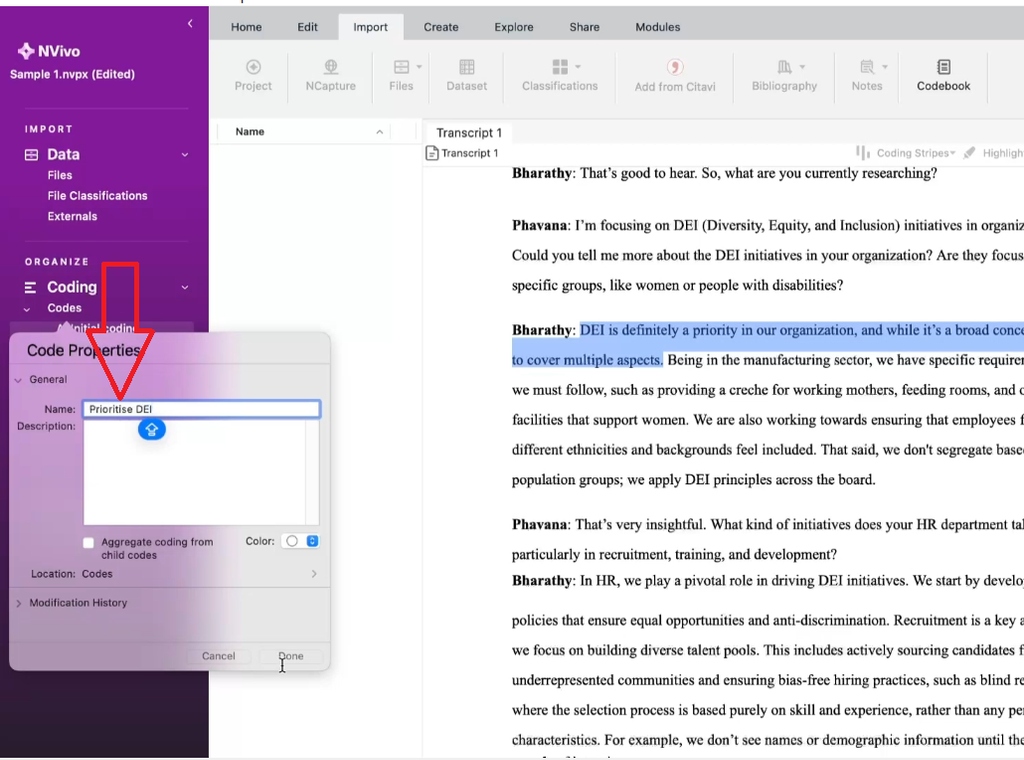 NVivo for Mac coding panel with new code name entered using voice typing