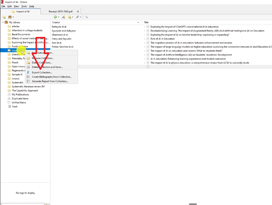 Right click command to display Export collection from the Impact of AI collection