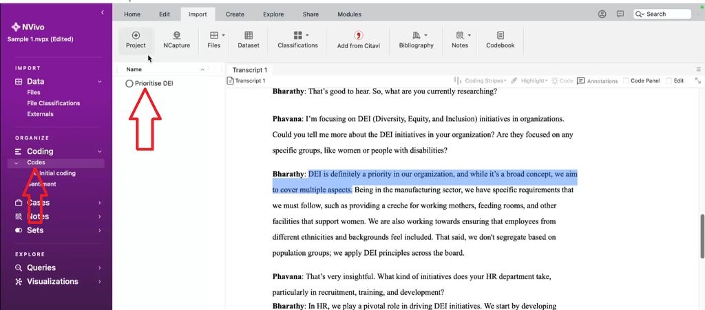 NVivo for Mac Codes folder showing new code before being dragged into Initial Coding subfolder