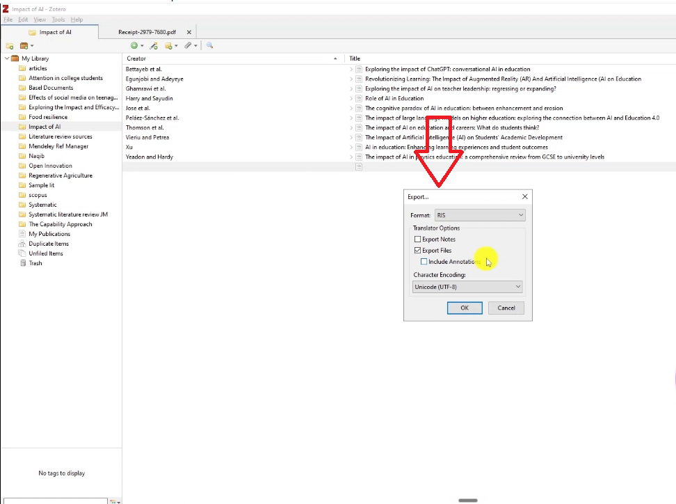 Zotero export dialog box with RIS format selected, ready to save the collection as a reference file