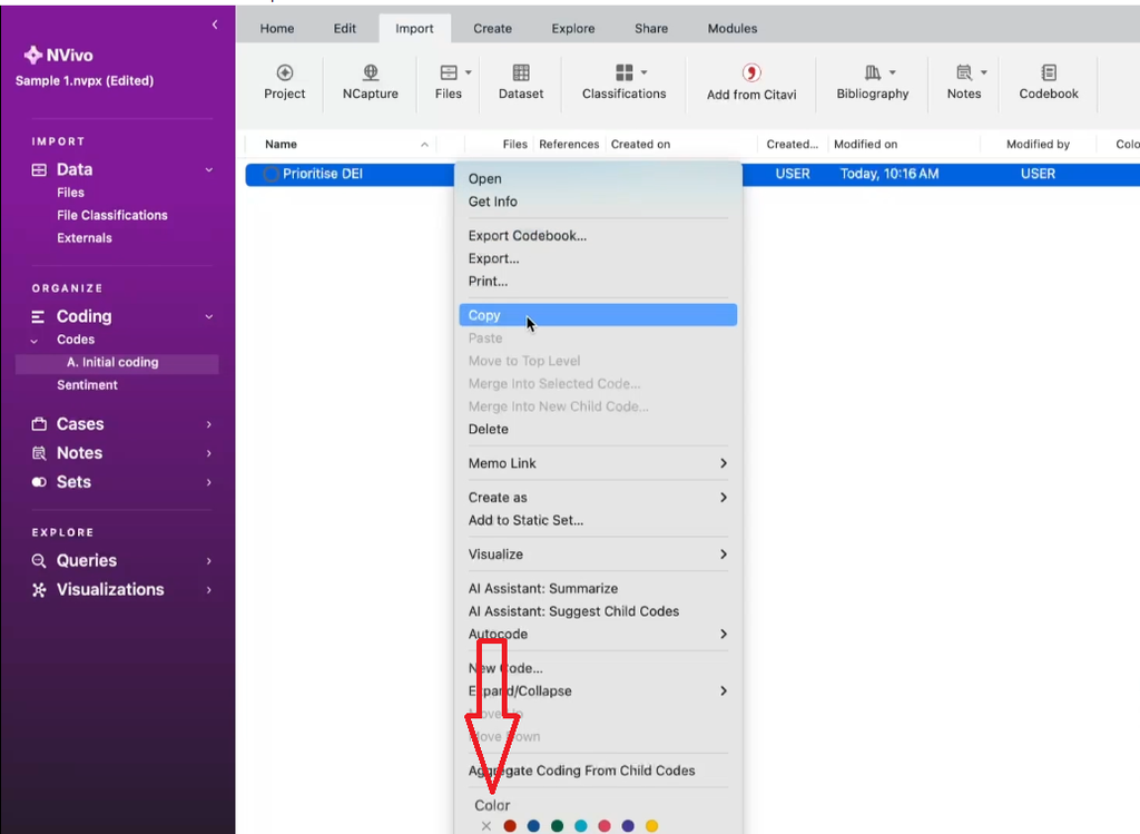NVivo for Mac color coding menu applied to codes from interview question one