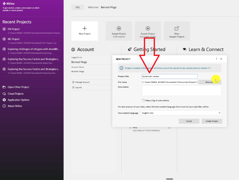 Figure 16: Creating a new NVivo project for your systematic literature review