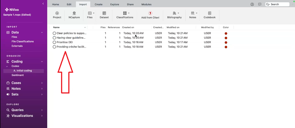 NVivo for Mac codes dragged and dropped into Initial Coding folder after color assignment