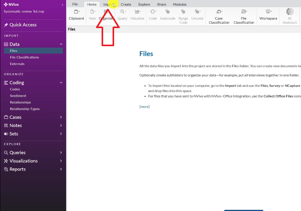 The Import button highlighted in the NVivo ribbon toolbar