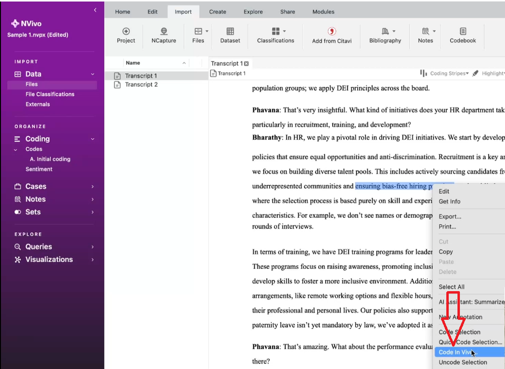 NVivo for Mac Get Info panel showing in vivo code details and source quote