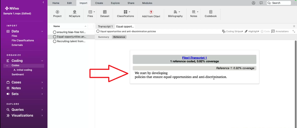 NVivo for Mac in vivo coding example — shows a code using the participant's exact phrase, with the original transcript quote visible when the code is double-clicked.