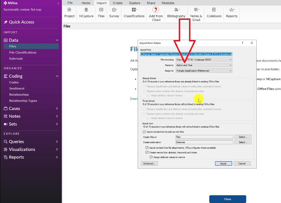 NVivo import settings dialog with the Name by Order and Year option selected for organising imported articles
