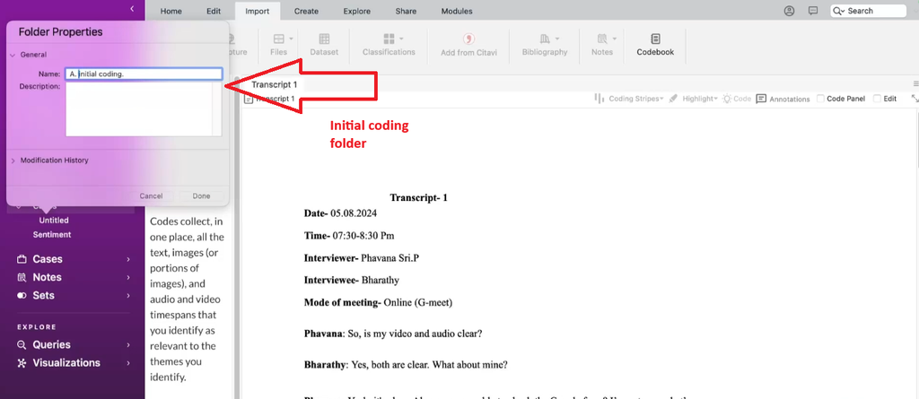 NVivo for Mac Initial Coding folder created inside Codes section for organizing qualitative codes