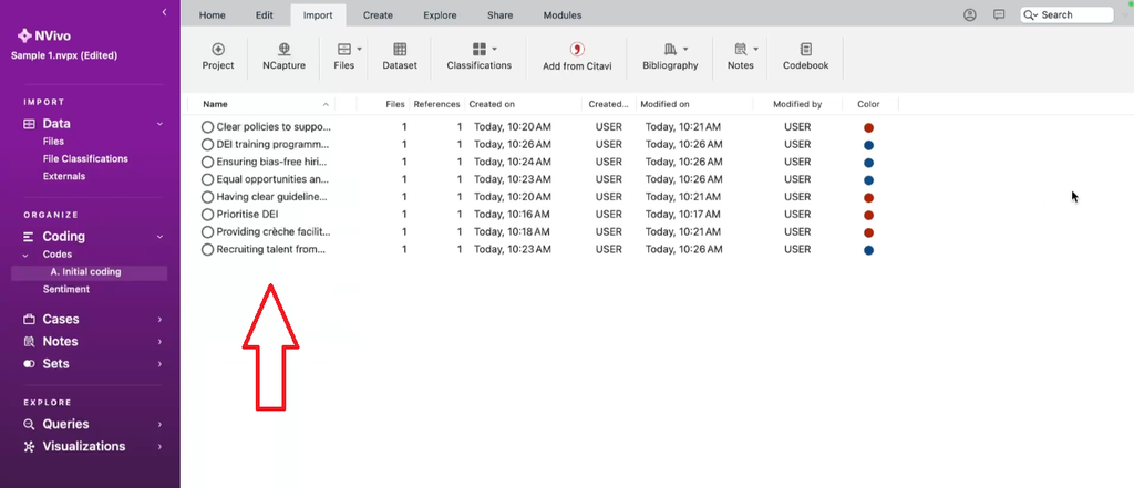 NVivo for Mac Codes panel with color-coded groups — maroon codes from question one and blue codes from question two, showing how color coding tracks code sources across interview questions.
