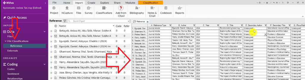 NVivo File Classifications panel showing a structured reference table with columns for author, year, title, journal, volume, and page numbers