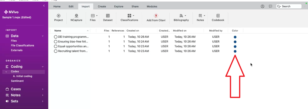 NVivo for Mac Codes panel showing blue color-coded qualitative codes by question