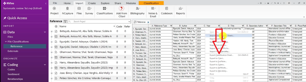 The Export button in the NVivo File Classifications toolbar, used to download the reference table as a spreadsheet