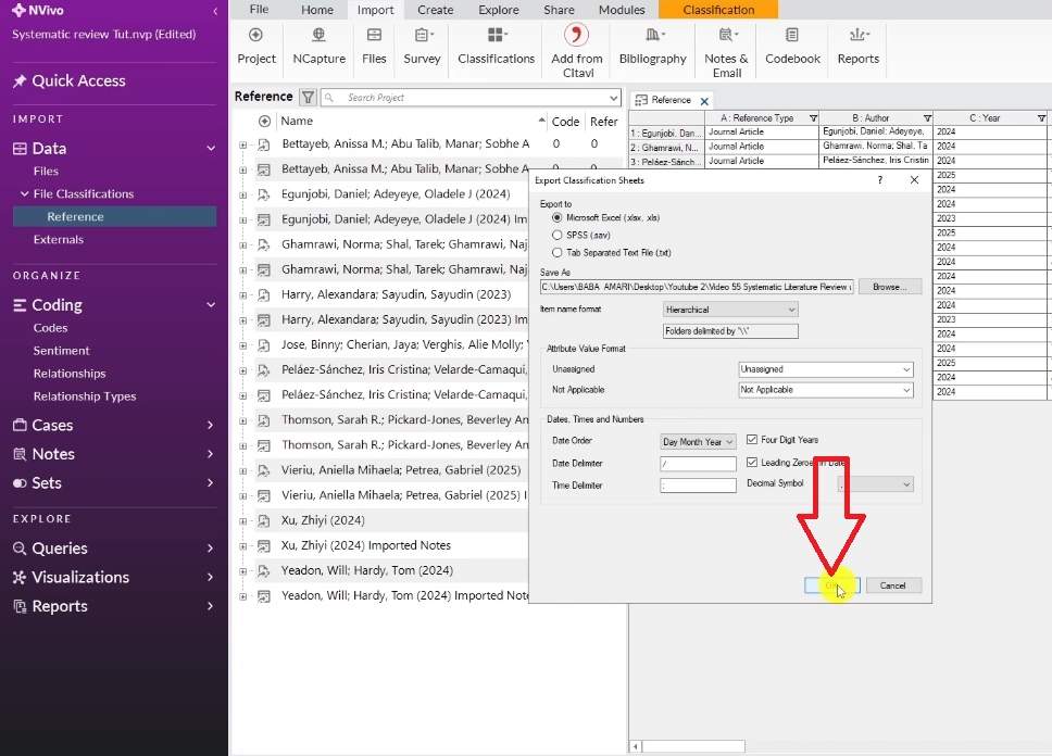 NVivo export dialog box showing file format and location options for saving the classification sheet