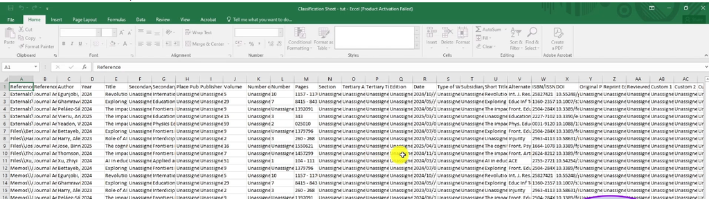 Raw exported Excel classification sheet from NVivo with unformatted columns and extra rows that need cleaning