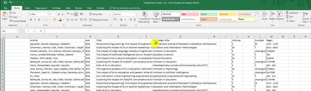 Cleaned and formatted Excel spreadsheet showing article metadata with tidy columns for author, year, title, journal, and volume