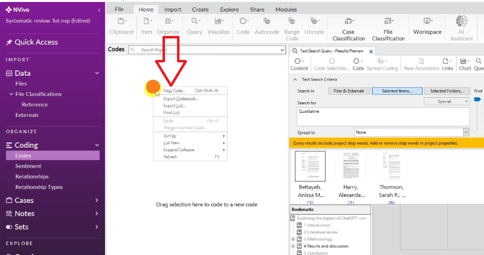 The New Code button in the NVivo Codes panel, used to create a parent code for a coding theme