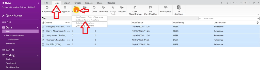 NVivo ribbon showing the navigation path Home, then Query, then Text Search Query to open the search tool