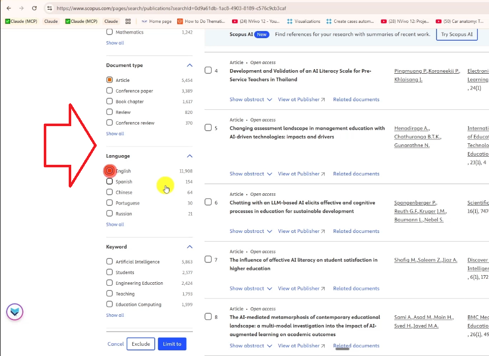 Apply filters: date range, document type (journal articles only), language (English), subject area