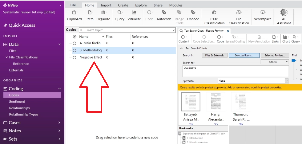 Parent code containers set up in NVivo — one for each major theme in your framework