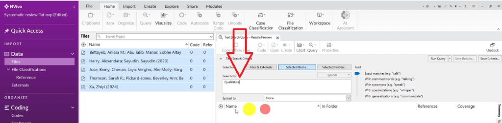 NVivo Text Search Query dialog with a keyword entered in the search field to locate relevant passages across all articles