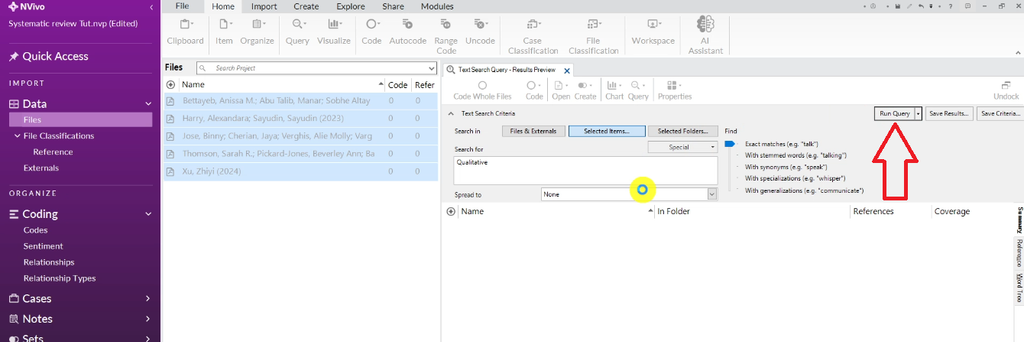NVivo Run Query button highlighted after entering the keyword "qualitative" in the Text Search Query dialog