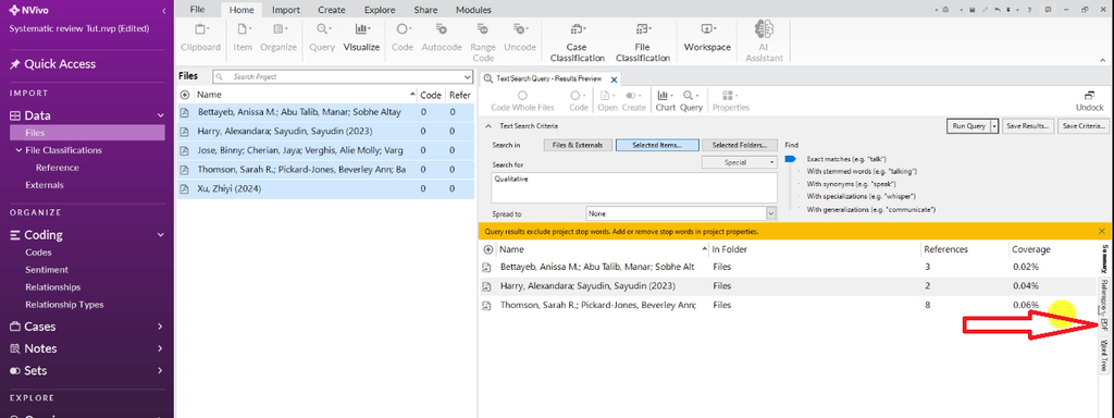 NVivo PDF view showing search results with the keyword highlighted in context within the original article text
