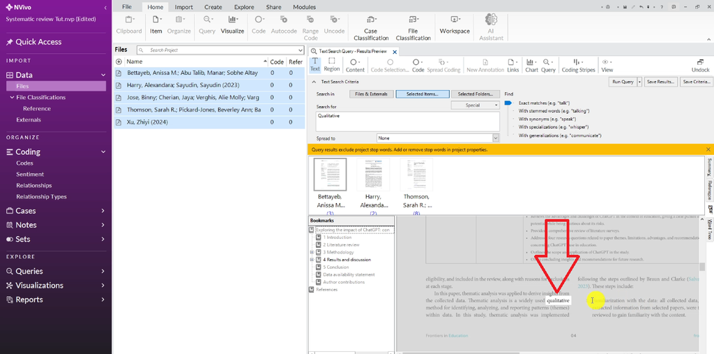 NVivo search results panel showing multiple excerpts from different articles where the word "qualitative" appears
