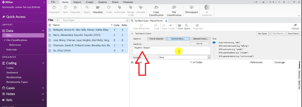 NVivo Text Search Query dialog showing a Boolean search using + to combine the terms negative and impact'