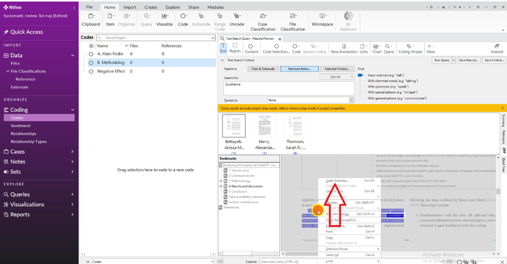 NVivo coding panel with a relevant passage selected and the Code Selection button active, ready to assign it to a code