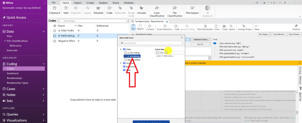 NVivo Codes panel with the Methodology parent code expanded, showing where the coded passage will be stored