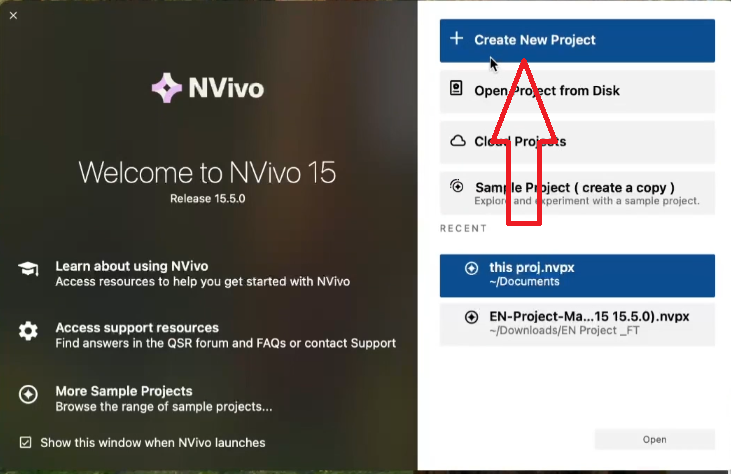 NVivo for Mac welcome screen showing the Create New Project option — the first screen researchers see after installing NVivo on their Mac.