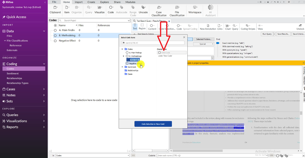 NVivo menu showing the Child Code option selected to create a sub-code under the Methodology parent code