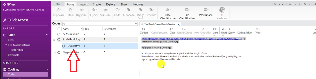 NVivo Codes panel showing the Qualitative Approach child code nested under the Methodology parent code