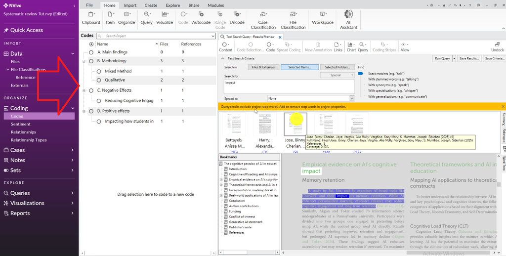 NVivo Codes panel showing a full set of child codes nested under their parent codes, covering all themes in the coding framework