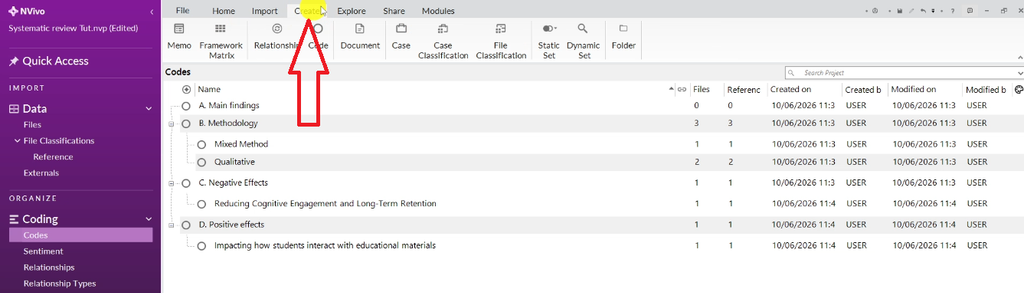 The Create button in the NVivo toolbar, used to start building a new framework matrix
