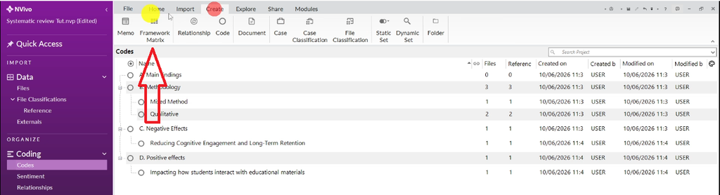 NVivo Create menu with the Framework Matrix option highlighted