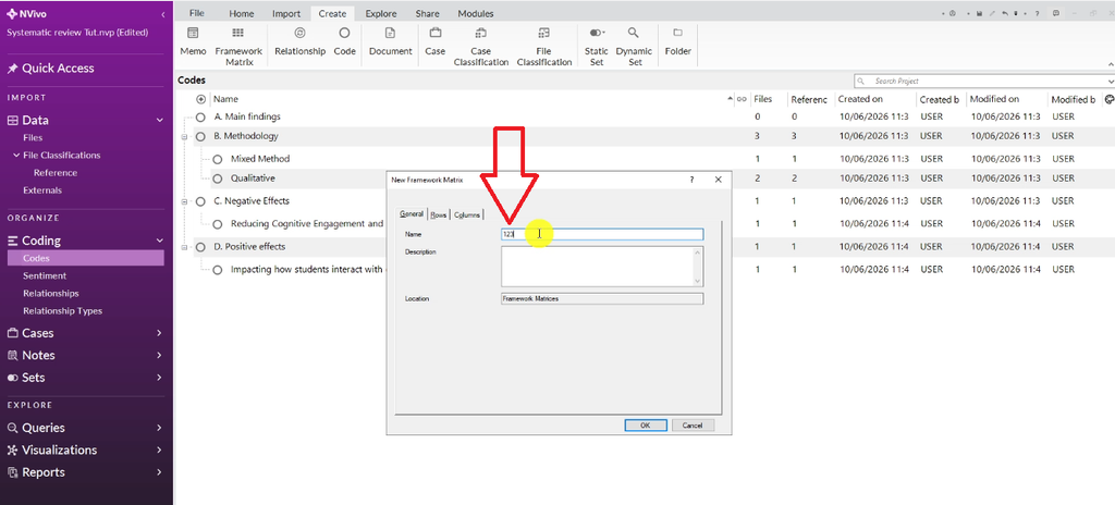 NVivo dialog box for naming a new framework matrix, with a name entered in the name field