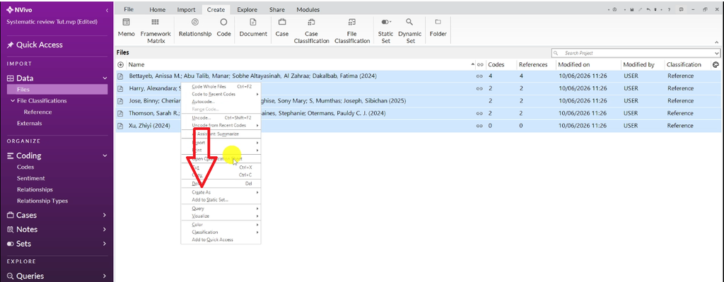 NVivo framework matrix row setup panel with the Create As button highlighted to convert imported articles into cases