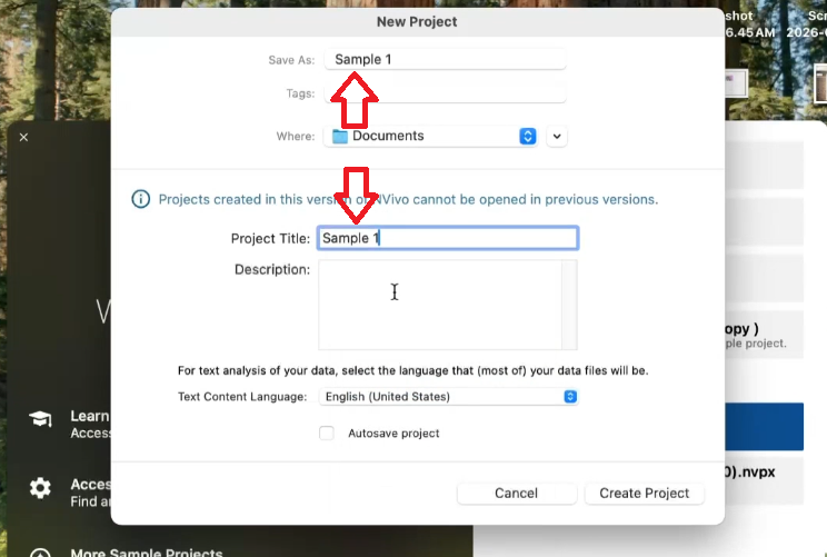 NVivo for Mac Create New Project dialog box with project name and Save As fields
