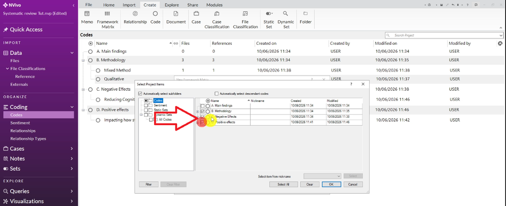 NVivo framework matrix setup showing all parent codes assigned as columns — one column per coding theme