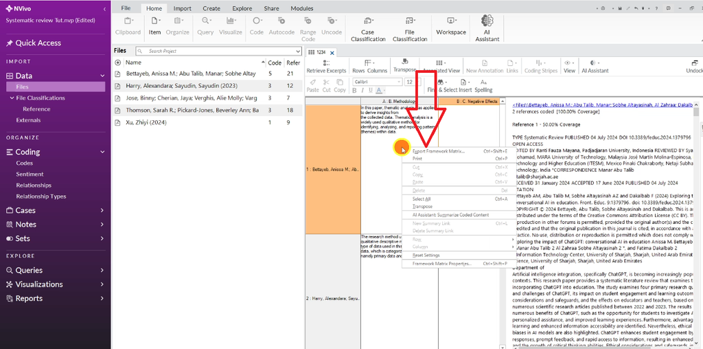 NVivo framework matrix toolbar with the Export button highlighted, ready to download the matrix as an Excel spreadsheet