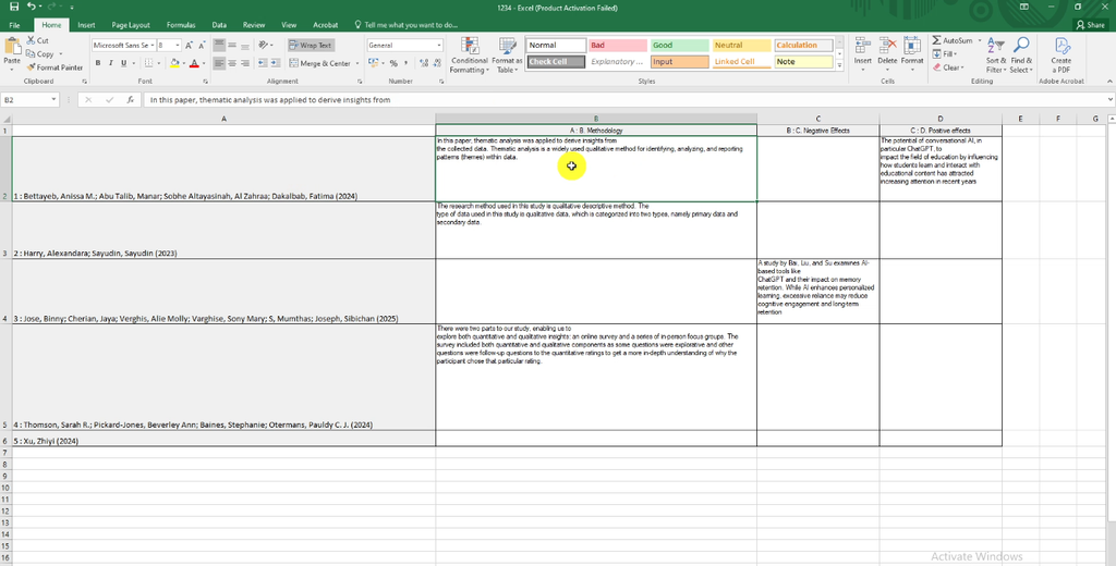 Completed NVivo framework matrix showing articles as rows and coding themes as columns, with summary notes in each ce