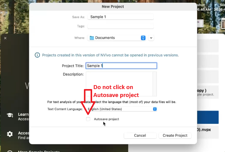 NVivo for Mac settings panel with autosave disabled for manual saving