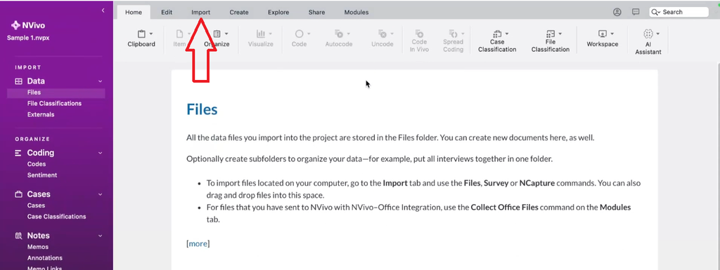 NVivo for Mac Import Files option in Files section for adding interview transcripts
