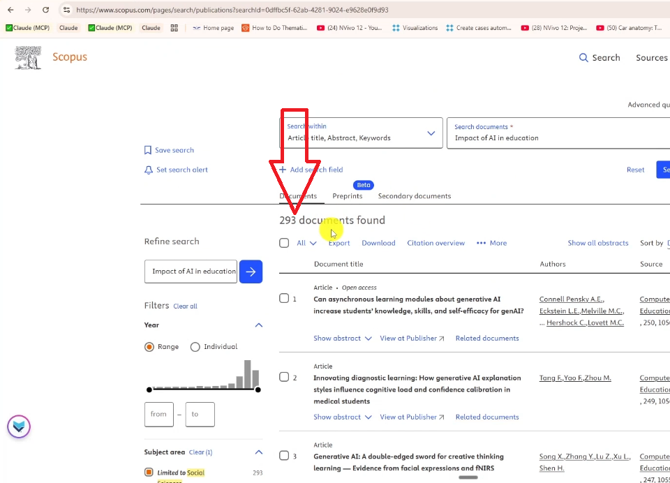 Scopus search results after applying the Limit To filter, reduced from the original count to 293 documents